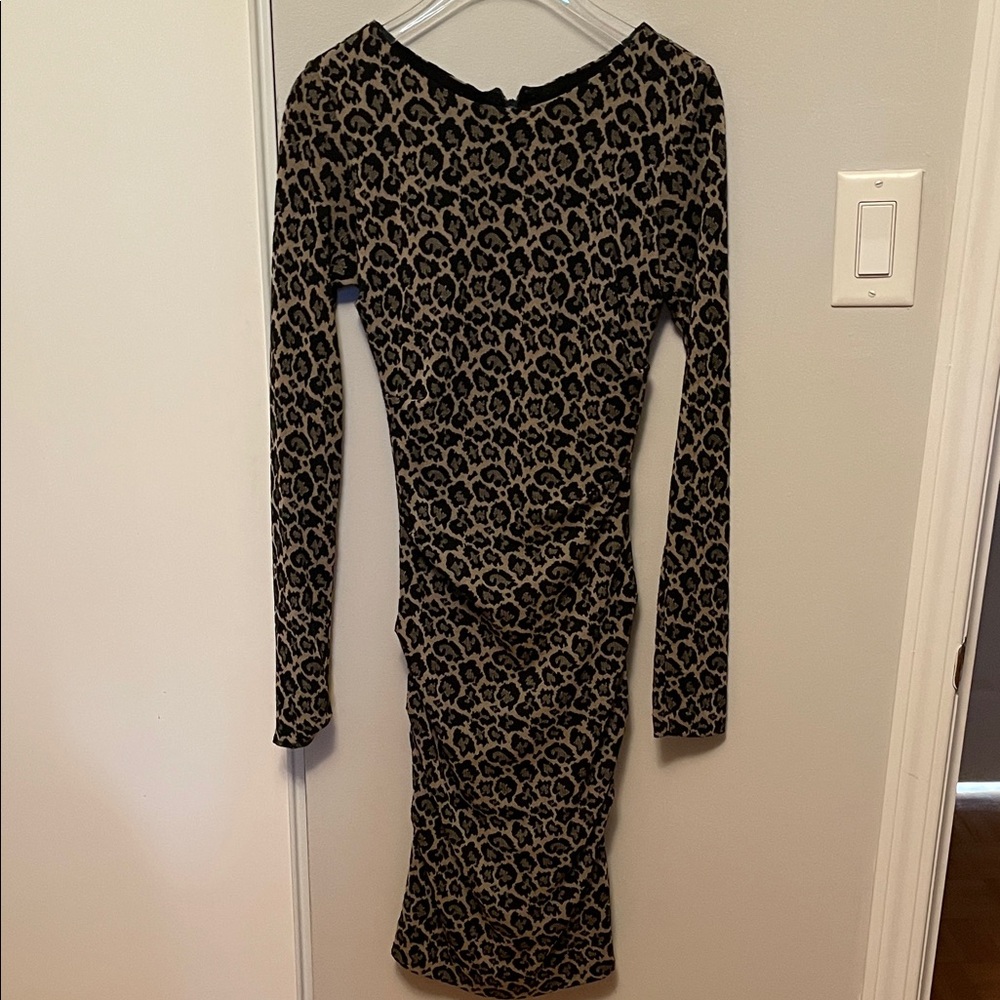 Nicole Miller Black and Tan Leopard Print Long Sleeve Dress